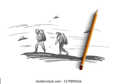 Mountain, climbing, extreme, sport concept. Hand drawn people climbing on high mountain concept sketch. Isolated vector illustration.