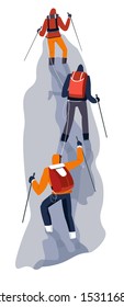 Mountain climbing group with trekking poles, backpacks and mountaineering gear. Climbers on rope in glacier, back view. Extreme sport vector illustration on white background.