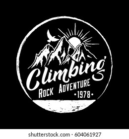 Mountain Climbing Hand Drawn Emblem Template. Outdoor activity symbol. Vector illustration.