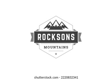 Mountain climbing hiking nature travel adventure vintage geometric logo design template vector illustration. Mountaineering hobby rocky geology formation with snowy tops label ribbon branding mark