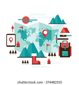 Mountain climbing Hiking Travel and tourism design elements set