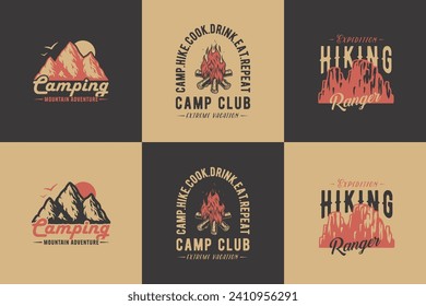 Mountain climbing or hiking, wild camp fire, camping adventure emblems set