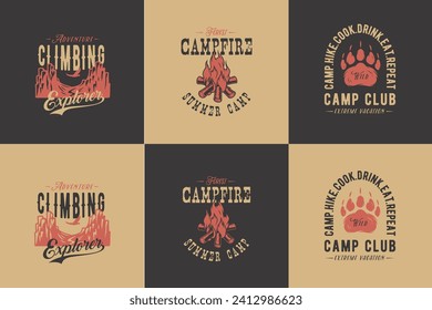 Mountain climbing or hiking, wild camp fire, camping adventure emblems set