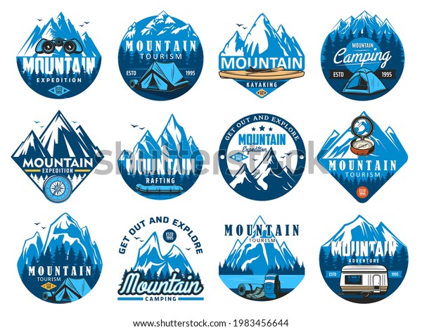 Mountain climbing icons, rafting expedition and\
camping vector symbols. Tourist tent, kayak or canoe, rafting\
inflatable boat and compass, mountain snowy peaks, backpack and car\
camper trailer