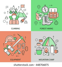 Mountain climbing linear compositions with alpinism forest hiking sportive equipment tourist camp isolated vector illustration