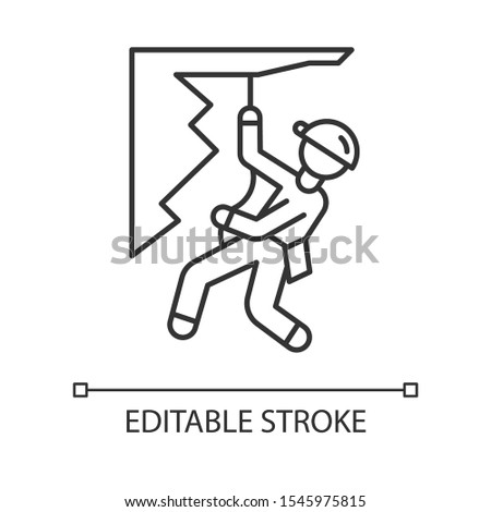 Mountain climbing linear icon. Mountaineering. Abseiling, rappelling. Spelunking. Alpinist sliding down rope. Thin line illustration. Contour symbol. Vector isolated outline drawing. Editable stroke