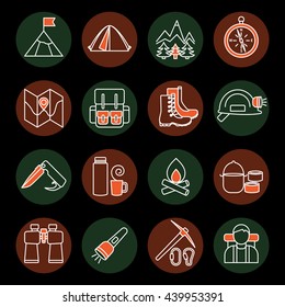 Mountain climbing linear round icon set on hiking theme and accessories for tourism on black background vector illustration