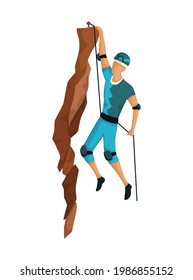 Mountain climbing. Men climbing on a rock mountain with professional equipment. Bouldering sport. Game scene isolated on white background