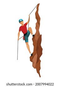 Mountain climbing. Men climbing on a rock mountain with professional equipment. Bouldering sport. Game scene isolated on white background
