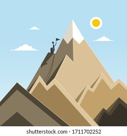 Mountain Climbing - Mountaineering. Man with Flag Silhouette under Mountain Top Vector Illustration.
