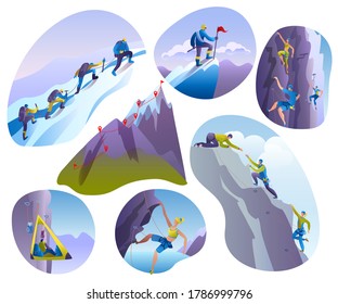 Mountain climbing people vector illustrations isolated on white set. Climber climbs rock wall or mountainous cliff and people in extreme sport, mountaineer character mounts, mountaineering.
