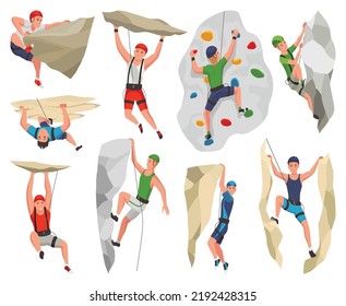 Mountain climbing person in different postures. Set climber men on rock mountain with equipment. Extreme outdoor sports. Mans overhang from rock