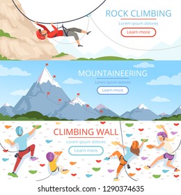 Mountain climbing pictures. Rope carabiner helmet rockie hills people extreme sport vector banners template with place for text