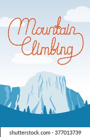 Mountain climbing poster with El Capitan rock and rope lettering in blue and orange vector