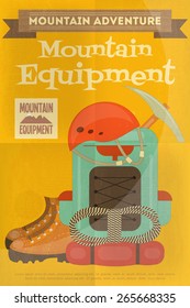 Mountain Climbing Poster in Retro Style. Camping and Hiking Elements. Vector Illustration.