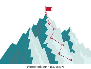 Mountain climbing route to goal. Flat path of journey with direction of line. Cartoon progress career concept. Alpinism plan with flag on peak. Competition of leaders in achieving goal on rock. vector