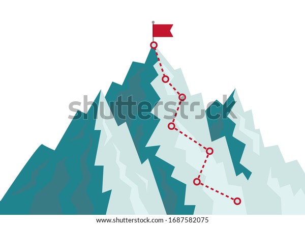 Mountain climbing route to goal. Flat path of\
journey with direction of line. Cartoon progress career concept.\
Alpinism plan with flag on peak. Competition of leaders in\
achieving goal on rock.\
vector