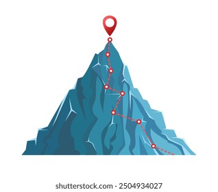 Mountain climbing route to peak. Achievement plan route in flat style business journey path and pin sign isolated vector illustration