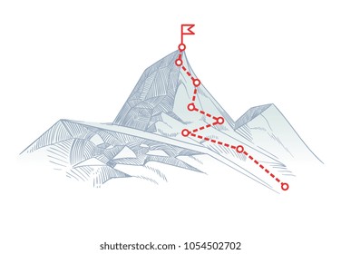 Mountain climbing route to peak. Business journey path in progress to success vector concept. Mountain peak, climbing route to top rock illustration - Shutterstock ID 1054502702