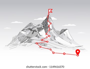 Mountain climbing route to peak. Business journey path in progress to success vector concept. Mountain peak, climbing route to top rock illustration