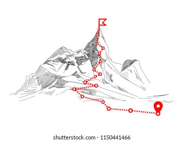 Mountain climbing route to peak. Business journey path in progress to success vector concept. Mountain peak, climbing route to top rock illustration