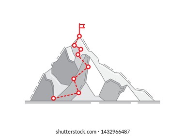 Mountain climbing route to peak. Business journey path in progress way to success vector concept. Mountain peak, climbing route to top rock illustration