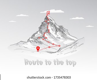 Mountain climbing route to peak. Business journey path in progress to success vector concept. Mountain peak, climbing route to top rock illustration