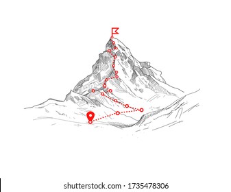 Mountain climbing route to peak. Business journey path in progress to success vector concept. Mountain peak, climbing route to top rock illustration