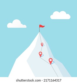 Mountain Climbing Route To Peak. Business Journey Path In Progress. Red Flag Symbol Of Success And Goal Achievement. Vector Illustration In Trendy Flat Style