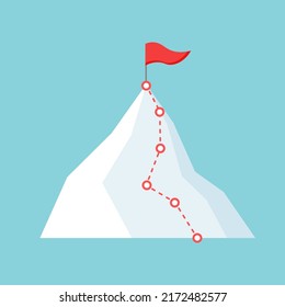 Mountain climbing route to peak. Business journey path in progress. Red flag symbol of success and goal achievement. Vector illustration in trendy flat style