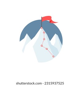 Mountain climbing route to peak. Business journey path in progress. Red flag symbol of success and goal achievement. Vector illustration. Logo, emblem