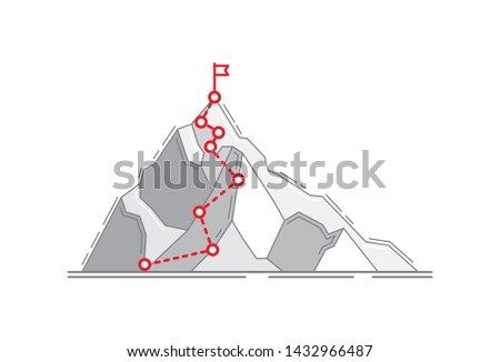 Mountain climbing route to peak. Business journey path in progress way to success vector concept. Mountain peak, climbing route to top rock illustration