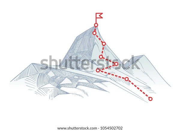 Mountain climbing route to peak. Business\
journey path in progress to success vector concept. Mountain peak,\
climbing route to top rock\
illustration