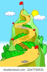 Mountain climbing route to peak, cartoon curled road levels. 
Step by step, stages. Top summit, red flag, stairs, obstacles. Target path background. Game, business success concept. Illustration vector