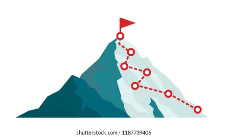 Mountain climbing route to peak in flat style. Business journey path in progress to success vector illustration. Mountain peak, climbing route to top rock illustration - Shutterstock ID 1187739406