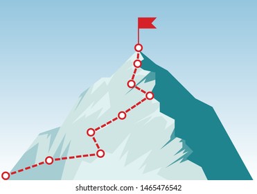 Mountain climbing route to peak in flat style. Concept of Goal, Mission, Vision, Career path. Business journey path in progress to success vector illustration. Mountain peak, climbing route.