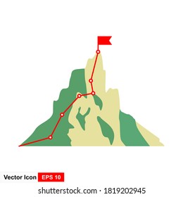 Mountain climbing route to peak in flat style. Business journey path in progress to success vector illustration. Mountain peak, climbing route to top rock illustration