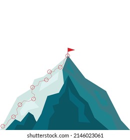 Mountain climbing route to peak in flat style. Business journey path in progress to success vector illustration. Mountain peak, climbing route to top rock illustration