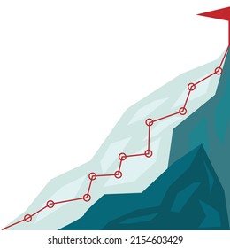 Mountain Climbing Route To Peak In Flat Style. Business Journey Path In Progress To Success Vector Cartoon Illustration. Mountain Peak, Climbing Route To Top Rock Illustration