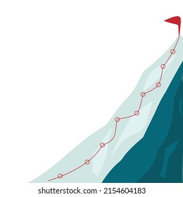 Mountain climbing route to peak in flat style. Business journey path in progress to success vector cartoon illustration. Mountain peak, climbing route to top rock illustration