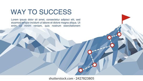 Mountain climbing route to peak in flat style. Way to success. Ascent route to the designated goal. Business motivation.