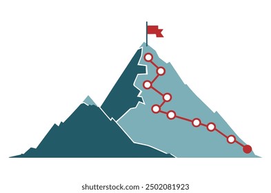 Mountain climbing route to peak in flat style. Business journey path in progress to success vector illustration. Mountain peak, climbing route to top rock illustration