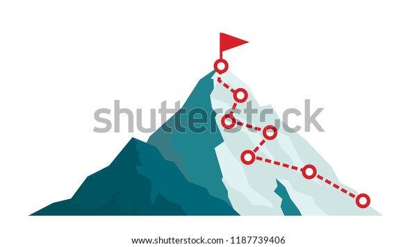 Mountain climbing route to
peak in flat style. Business journey path in progress to success
vector illustration. Mountain peak, climbing route to top rock
illustration