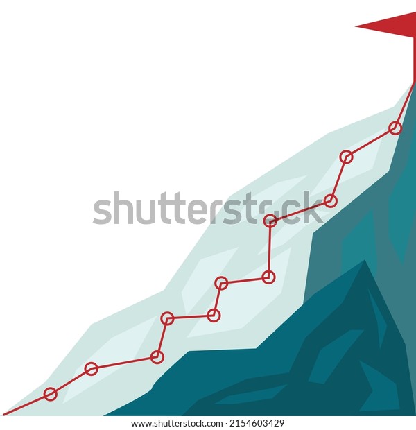 Mountain climbing\
route to peak in flat style. Business journey path in progress to\
success vector cartoon illustration. Mountain peak, climbing route\
to top rock\
illustration