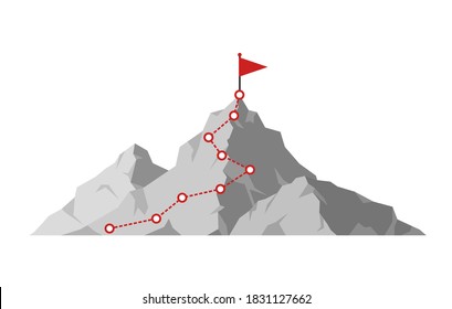 Mountain Climbing Route To Peak. Hiking Trip To The Top Of The Mountain Journey Path. Route Challenge Infographic Career Top Goal Growth Plan Journey To Success. Business Climbing Vector Concept