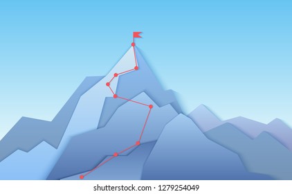 Mountain climbing route to peak landscape. Climbing pointed road to layered paper style mountain top. Business progress path to peak of success concept vector illustration.