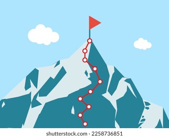 Mountain climbing route to peak with red flag on top in flat style