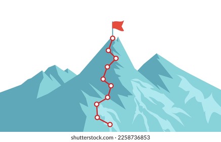 Mountain climbing route to peak with red flag on top in flat style