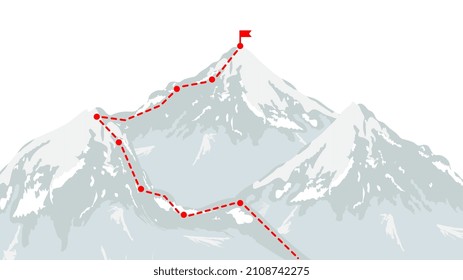 Ruta de escalada a la cima. El camino del negocio hacia el concepto de éxito. Pico de montaña, ruta de escalada a la cima del acantilado. Ilustración vectorial.