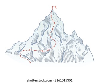 Mountain climbing route to top rock with red flag on peak. Business journey path in progress, way to success or concept of goal. Vector polygon dot connect line style